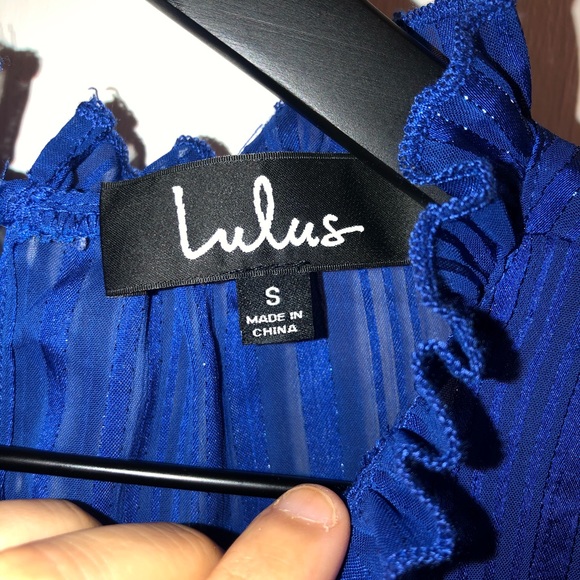 Lulu's Blouse Blue Mock Neck Top Long Bell Sleeve - Picture 2 of 13